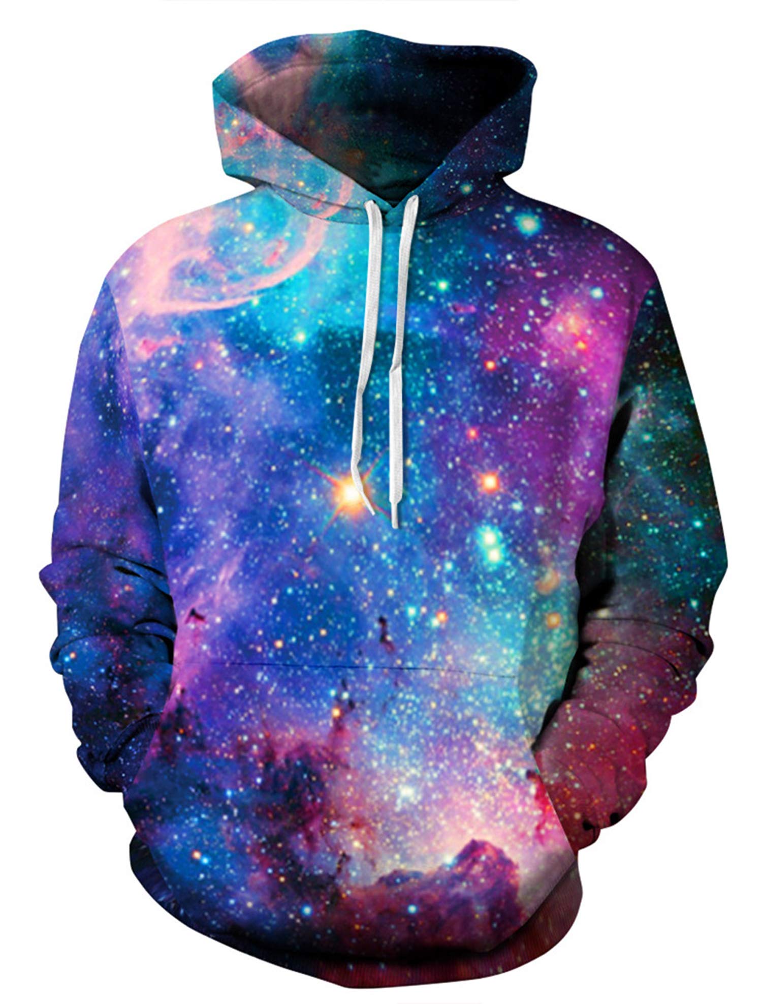 Men\'s Galaxy Sweater 3D Printed Drawstring Pullover Young Children Sports Hoodie Long Sleeve Sweatshirt for All Season with Big Pocket Cool Universe Graphic Coat Blue Star Hoodies Size XX-Large