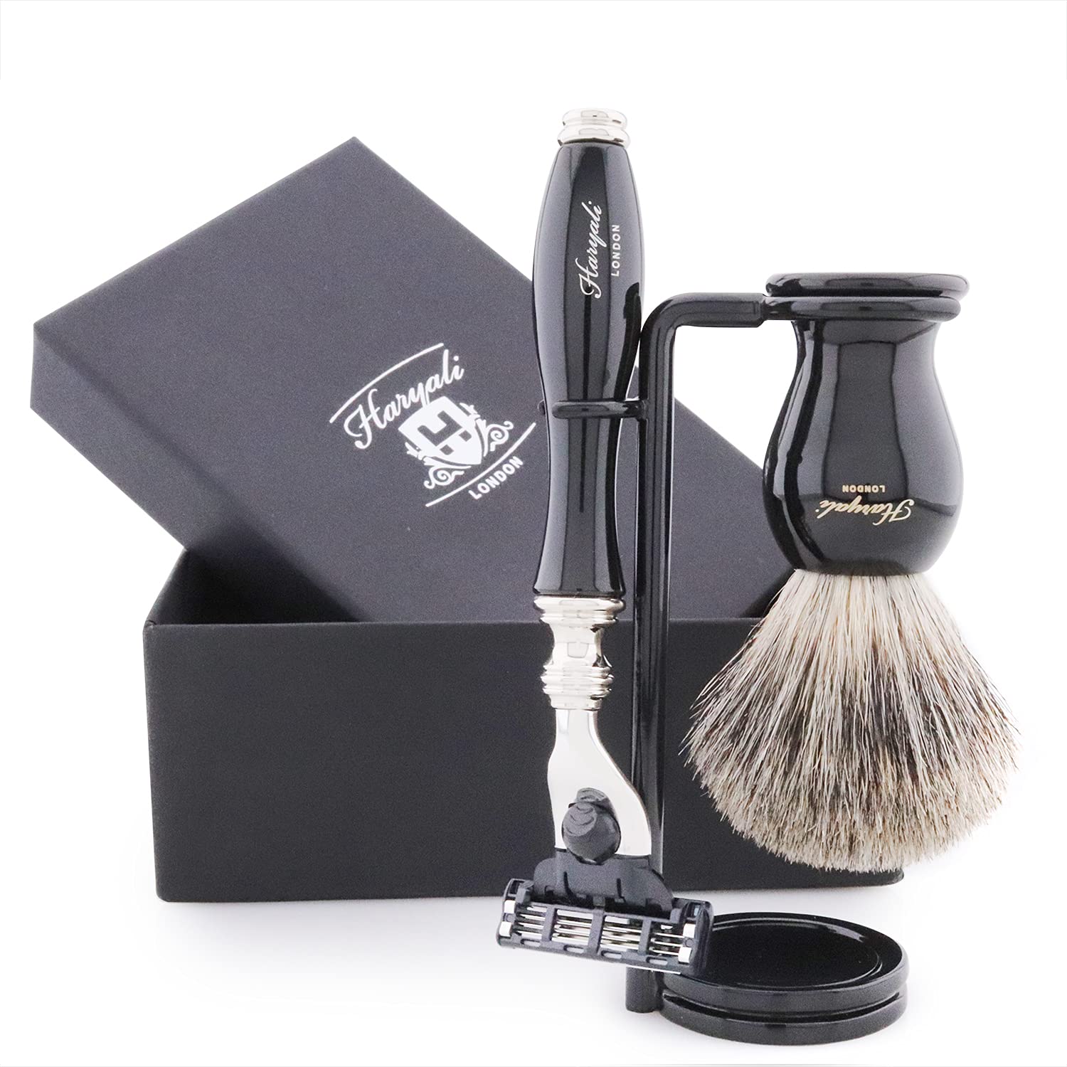Haryali London Shaving Kit - 3 Pc Shaving Kit - 3 Edge Shaving Blade Shaving Razor - Best Badger Shaving Brush - Shaving Stand - Black Color Elegant Shaving Set as a Gift Set