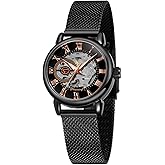 Gosasa Women's Skeleton Watch Fashion Hollow Mechanical Watch Hand-Wind Mesh Strap Luminous Roman Numeral Casual Ladies Wristwatch