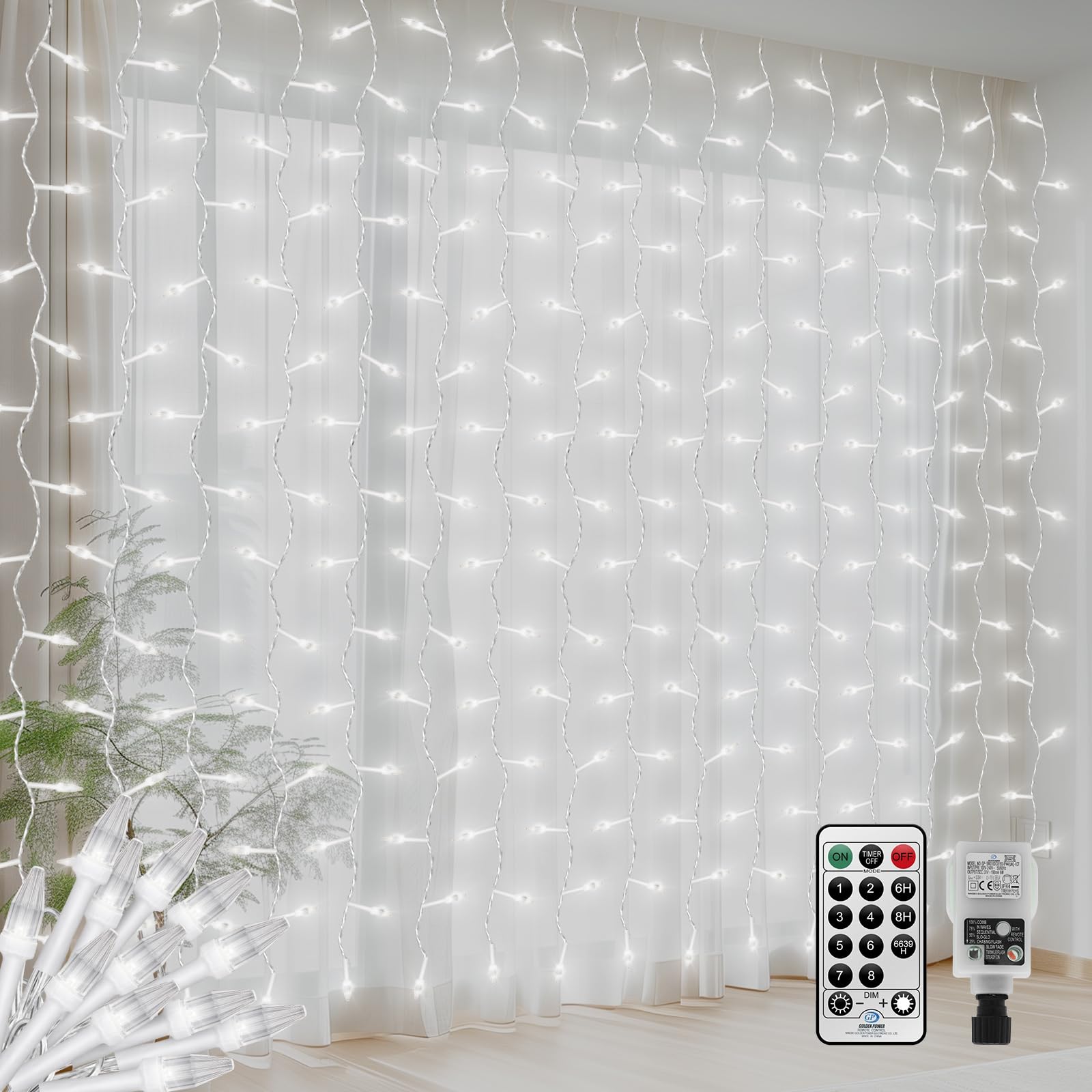 CERIAL Curtain Lights Indoor Outdoor Plug in, 4M X 2M 300LED Diamond Shape Backdrop Window Curtain Lights for Room,Hanging Waterfall Wall Light with Remote Timer,Waterproof,Connectable(White)