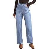 Vetinee Straight Leg Jeans for Women Trendy High Waisted Frayed Hem Stretchy Denim Pants Relaxed Casual Trouser Jeans