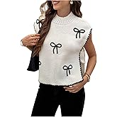 OYOANGLE Women's Bow Embroidery Side Tie Sweater Vest Sleeveless Mock Neck Sweater Tank Tops