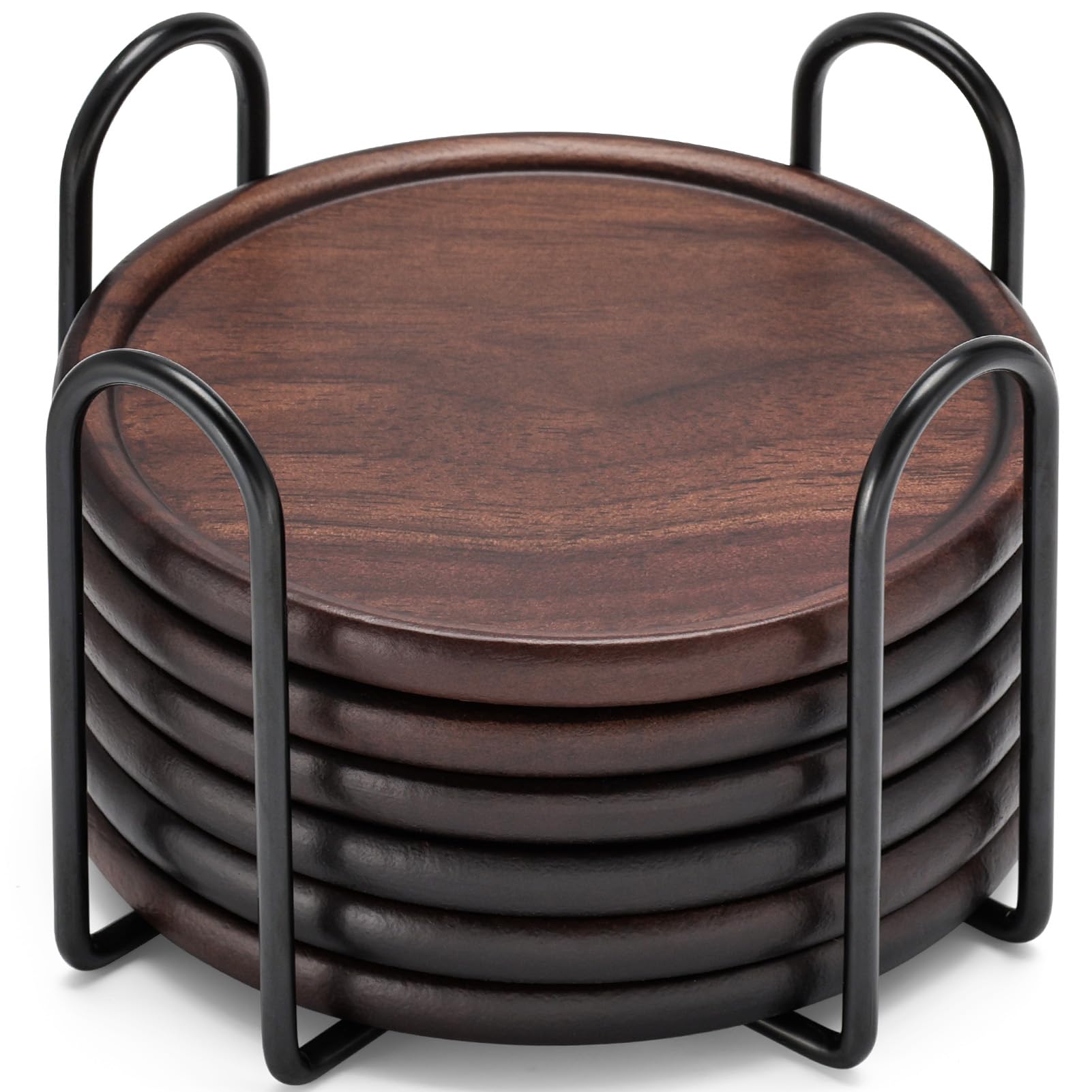 Wood Coasters with Metal Holder, GOH DODD Set of 6 Wooden Coaster Set for Drinks Desk Coffee Table Home Kitchen Office Bar, Tabletop Protection Living Room Decor, 4 Inch