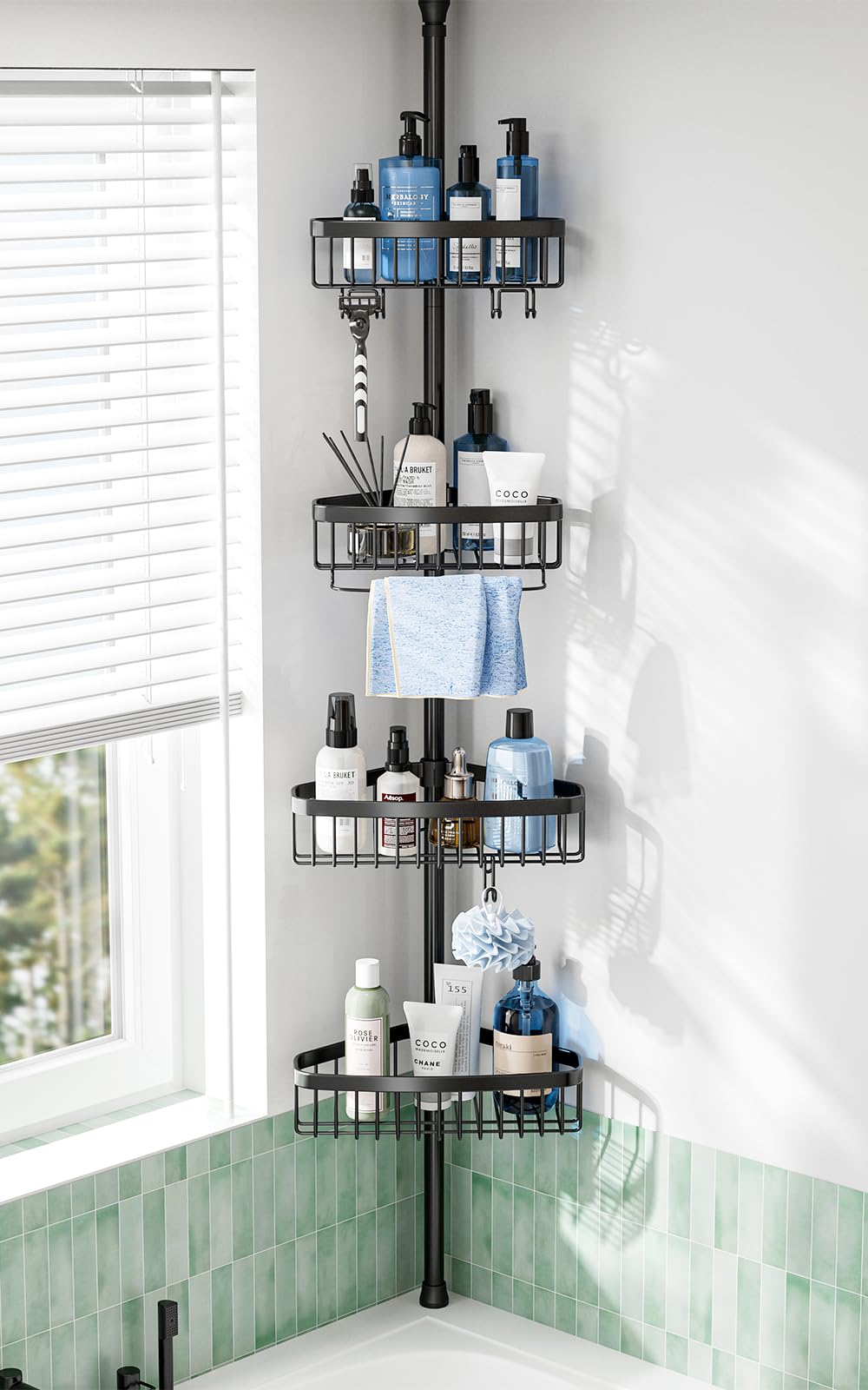 Photo 1 of Corner Shower Caddy Tension Pole: Adjustable Rustproof 4-Tier Inside Bathroom Organizer - 47-121 inch Quick Installation Bathtub Shelves for Shampoo Storage - Rod Floor Standing Bath Rack - Black
