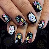 Skull Day of the Dead Press on Nails Black Fake Nails Short Square False Nails with Flower designs Acrylic Nails Full Cover Horror Stick on Nails Halloween Glue on Nails for Women Manicure24pcs