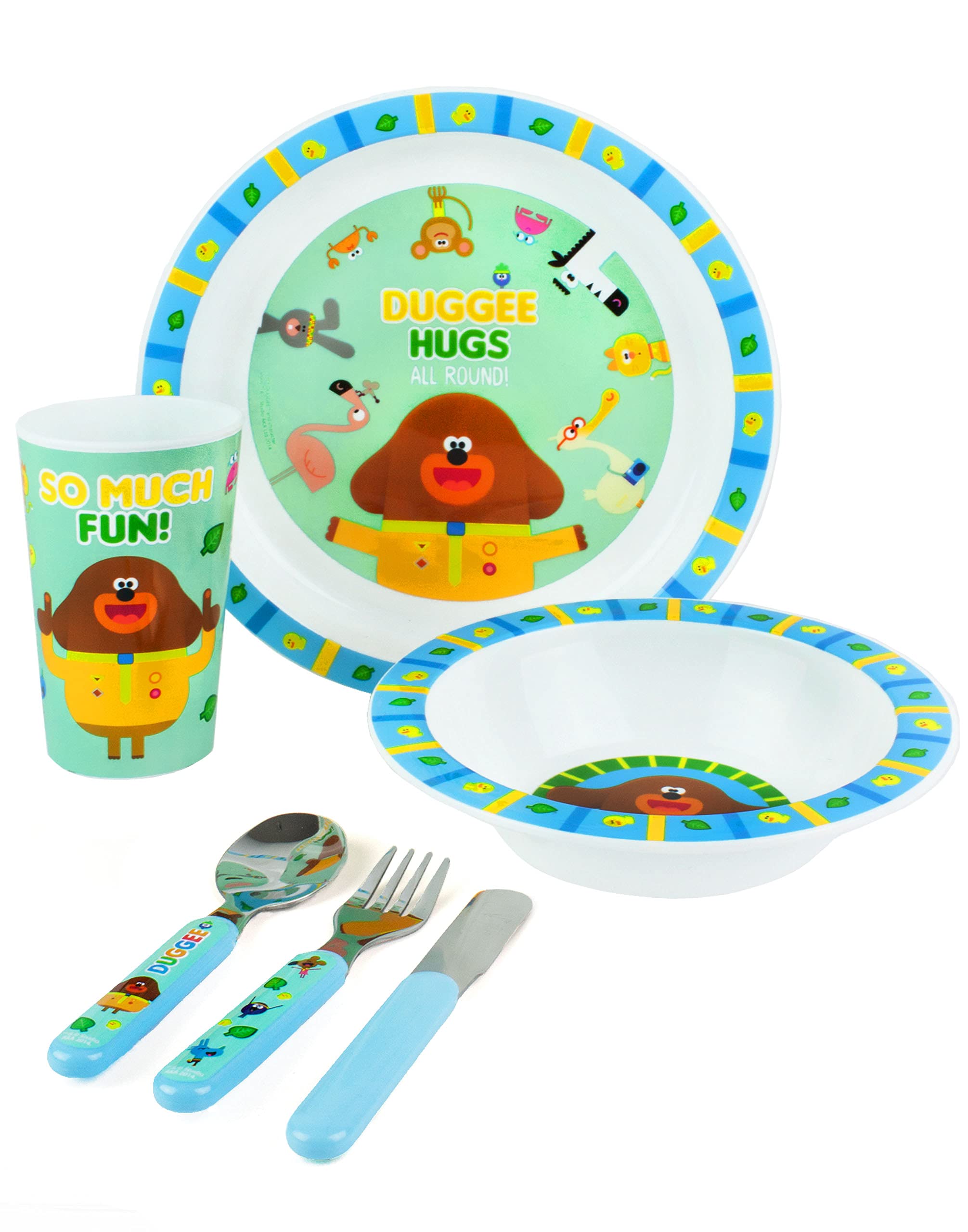 Hey Duggee Dinner Set 6 Piece for | Tableware Characters Lunch Reusable Cutlery Plate Bowl Tumbler Cup | Lightweight TV Show Blue Merchandise