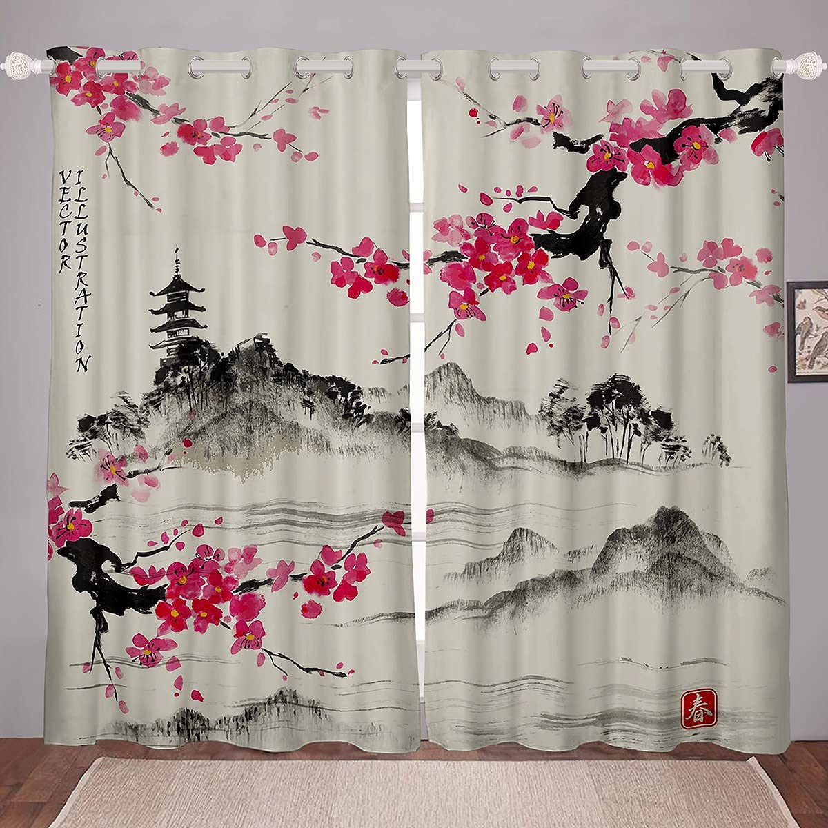 Cherry Blossoms Window Curtains for Bedroom Living Room Japanese Fuji Mountain Curtains for Kids Boys Girls Japanese Style Window Drapes Watercolor Vintage Window Treatments,W52*L90