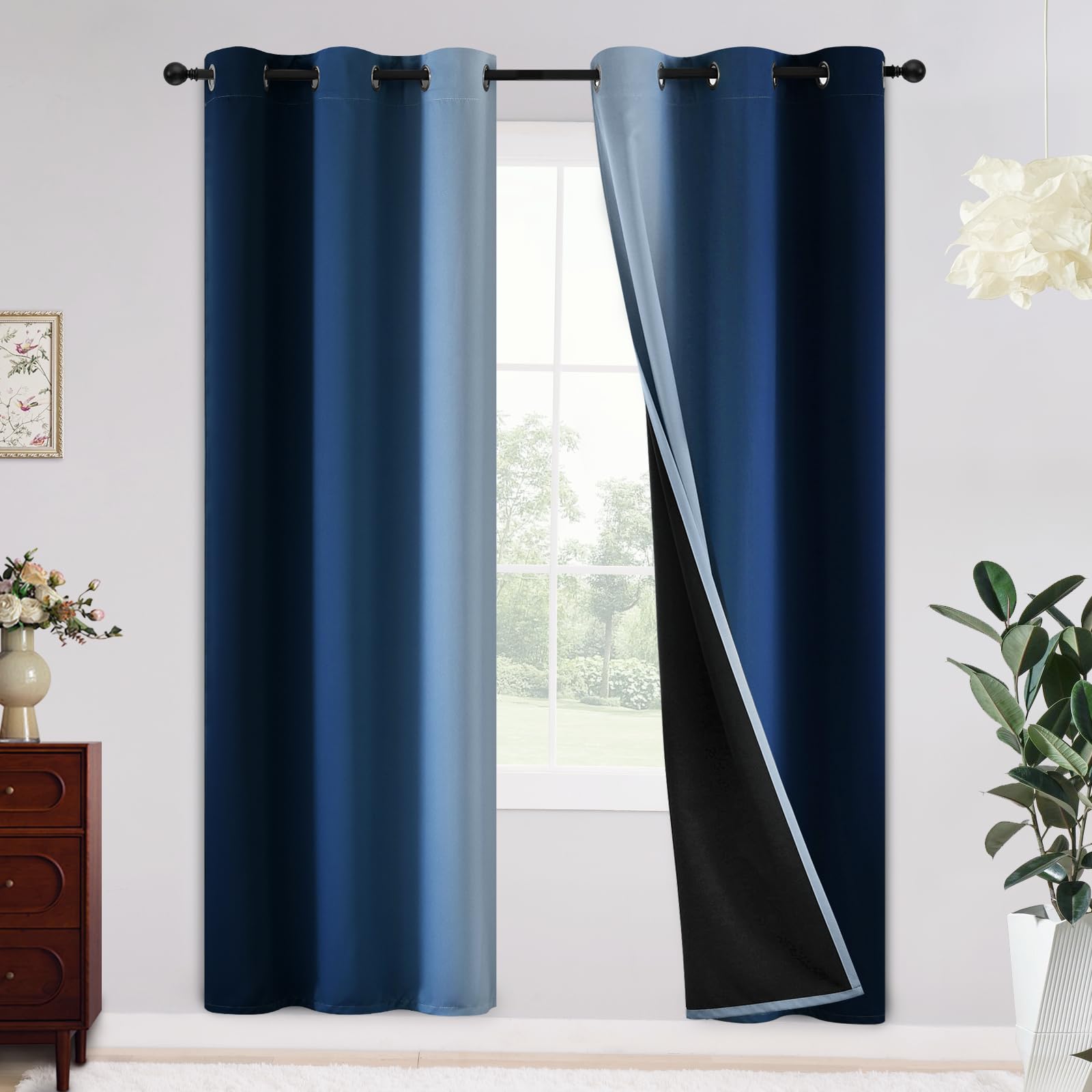 Yakamok 100% Blackout Curtains 72 inches Long,Room Darkening Blue Curtains Ombre for Bedroom Grommet Thermal Insulated Gradient Curtains for Living Room,2 Panels,42x72 inch Image