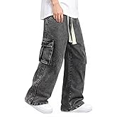 Mens Baggy Jeans Elastic Waisted Denim Pants for Men with Drawstring Streetwear