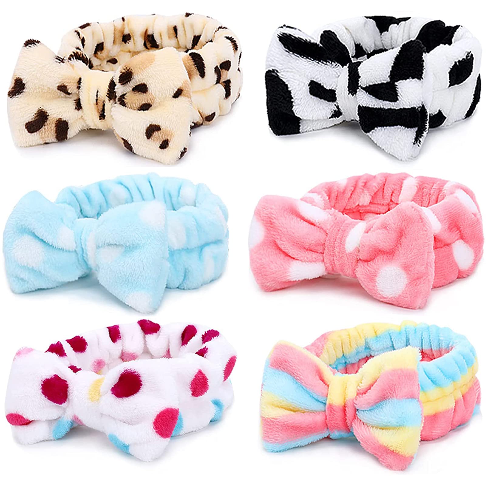 Spa Headband – 6 Pack Bow Hair Band Women Facial Makeup Head Band Soft Coral Fleece Head Wraps for Shower Washing Face (6-Assorted Color)
