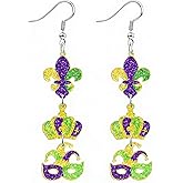 Nanafast Acrylic Mardi Gras Earrings for Women Glitter Fleur De Lis Crown Mask Dangle Earrings for Mardi Gras Outfits Carnival Celebration