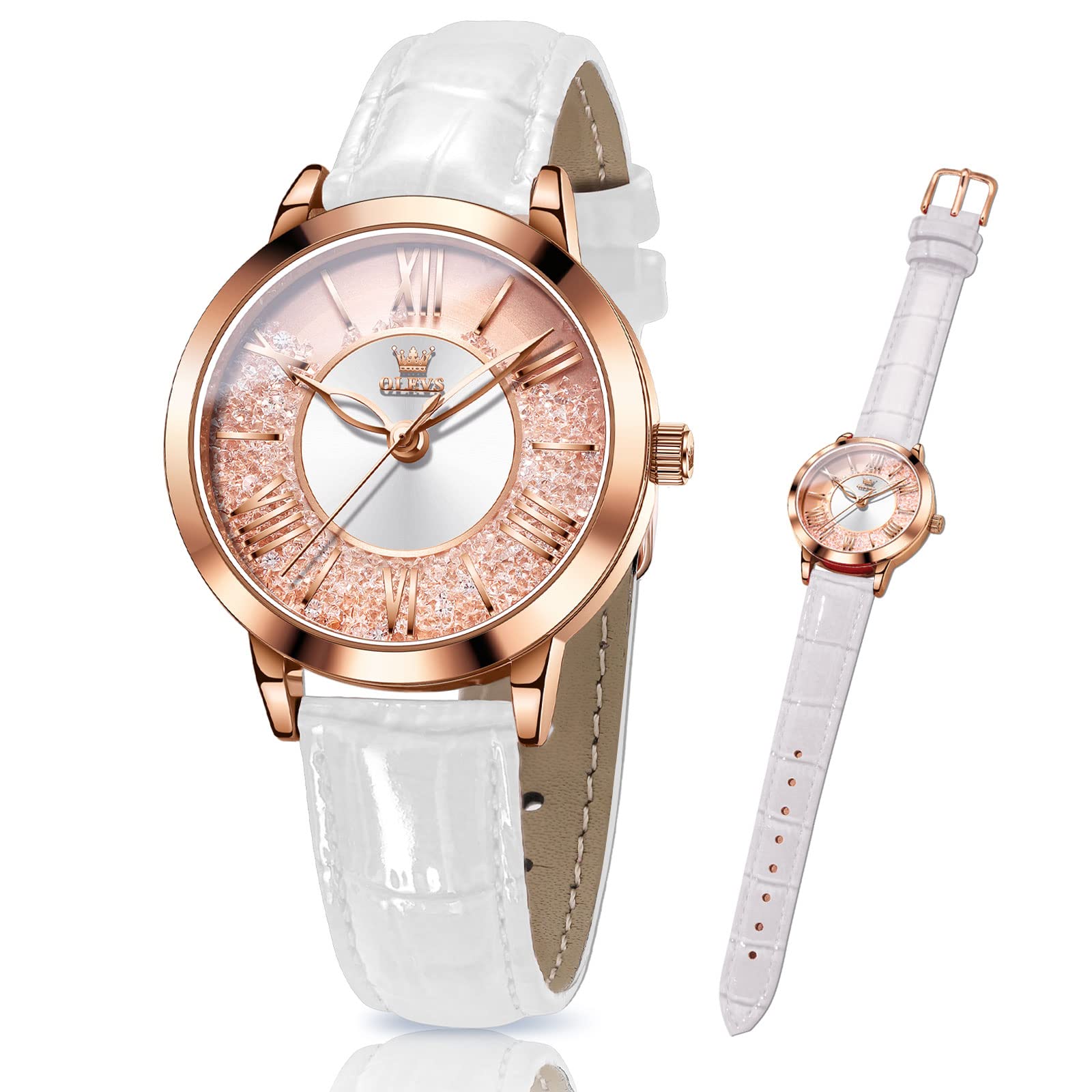 OLEVS Leather Watch for Women Classic Vintage Women Watches Roman Numerals Ladies Dress Watch Waterproof Analog Quartz Womens Wrist Watches Relojes para Mujer Pink, Red, White Leather Strap