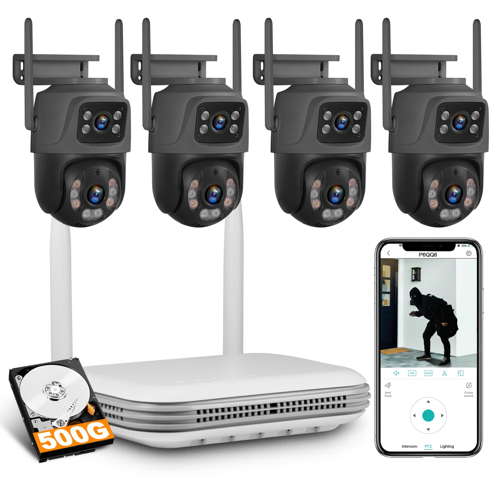 Photo 1 of 8 Channel NVR Security Camera System, Surveillance NVR Recorder with 4pcs 6MP Dual Lens Security Camera 24/7 Recording, 360° PTZ Color Night Vision, Motion Detection, 500G Hard Drive