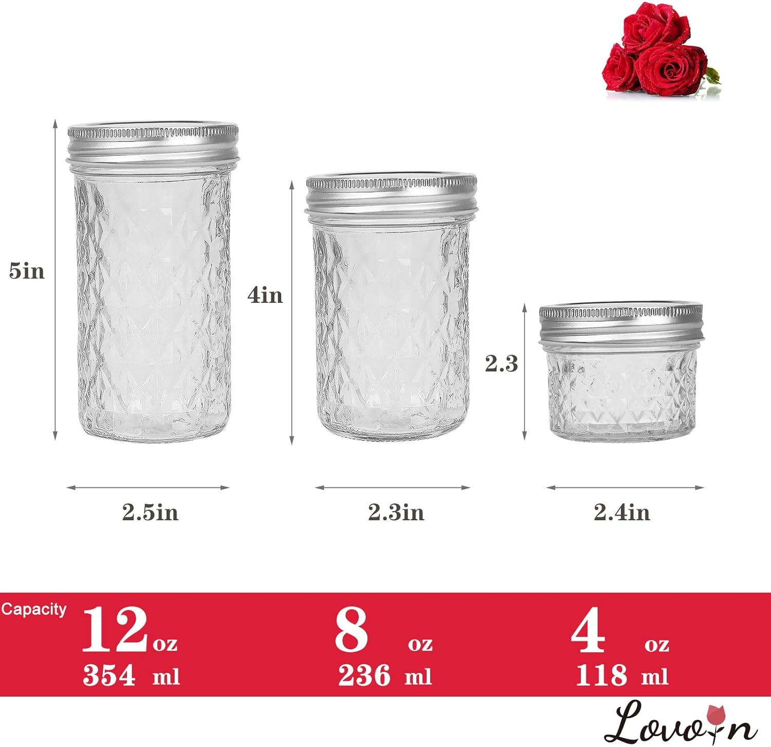 LovoIn Mason Jars Canning Jars, Jelly Jars With Regular Lids, Ideal for Jam, Honey, Wedding Favors, Shower Favors, Baby Foods, DIY Magnetic Spice Jars, 4 OZ x 3, 8 OZ x 3, 12 OZ x 3: Home Improvement
