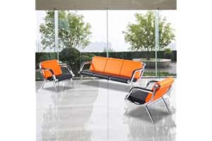 WALNEST Waiting Room Bench with Armrest 5 Seat Orange Black PU Leather Office Furniture Guest Seating Lobby Conference Reception Chair Visitor Guest Sofa for Office Airport Clinic Hospital Bank Salon Barber