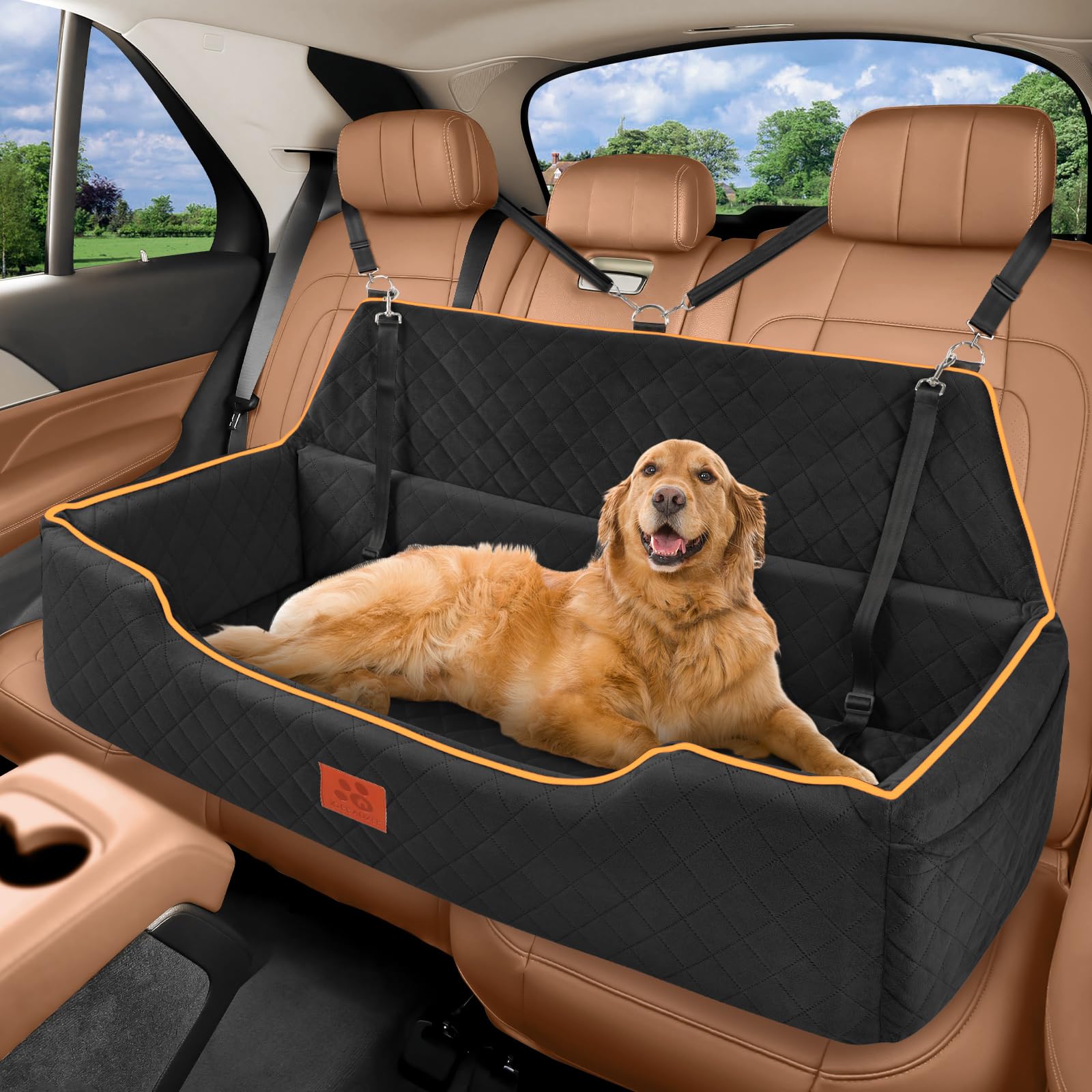 Photo 1 of XIEEAOZEE Large Dog Car Seat for Dods Under 100 Lbs, Memory Foam Dog Car Bed for Backseat & Trunk, Detachable and Washable Cover, Pet Travel Seat with Storage Pockets, 2 Safety Belts
