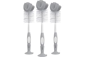 Dr. Brown's Reusable Sponge Baby Bottle Cleaning Brush Set with Suction Cup Stand, Scrubber and Nipple Cleaner, Gray, 3 Pack