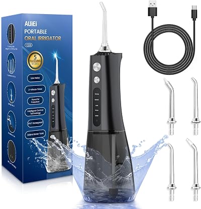 AUIEI Water Flosser Cordless Teeth Cleaner 5 Modes 4 Tips USB-C 300ML Black