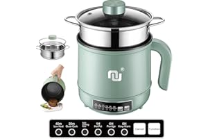 NUNET Smart Mini Hot Pot w. Timer 3 Power Level 5 Modes Stainless Steel Steamer Basket 1.7L Non-Stick Rapid Noodle Cooker 600W Quick Cook 300W Low Heat 15W Keep Warm for 6H Non-Stick Pan for Rice Soup Pasta, Green