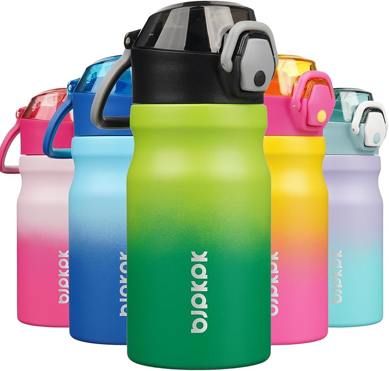 BJPKPK 14oz Insulated Water Bottle with Straw Stainless Steel Double Wall Water Bottles BPA Free Leak Proof Thermal Flask with Lockable Flip Lid and Soft Silicone Spout,Bamboo Grove