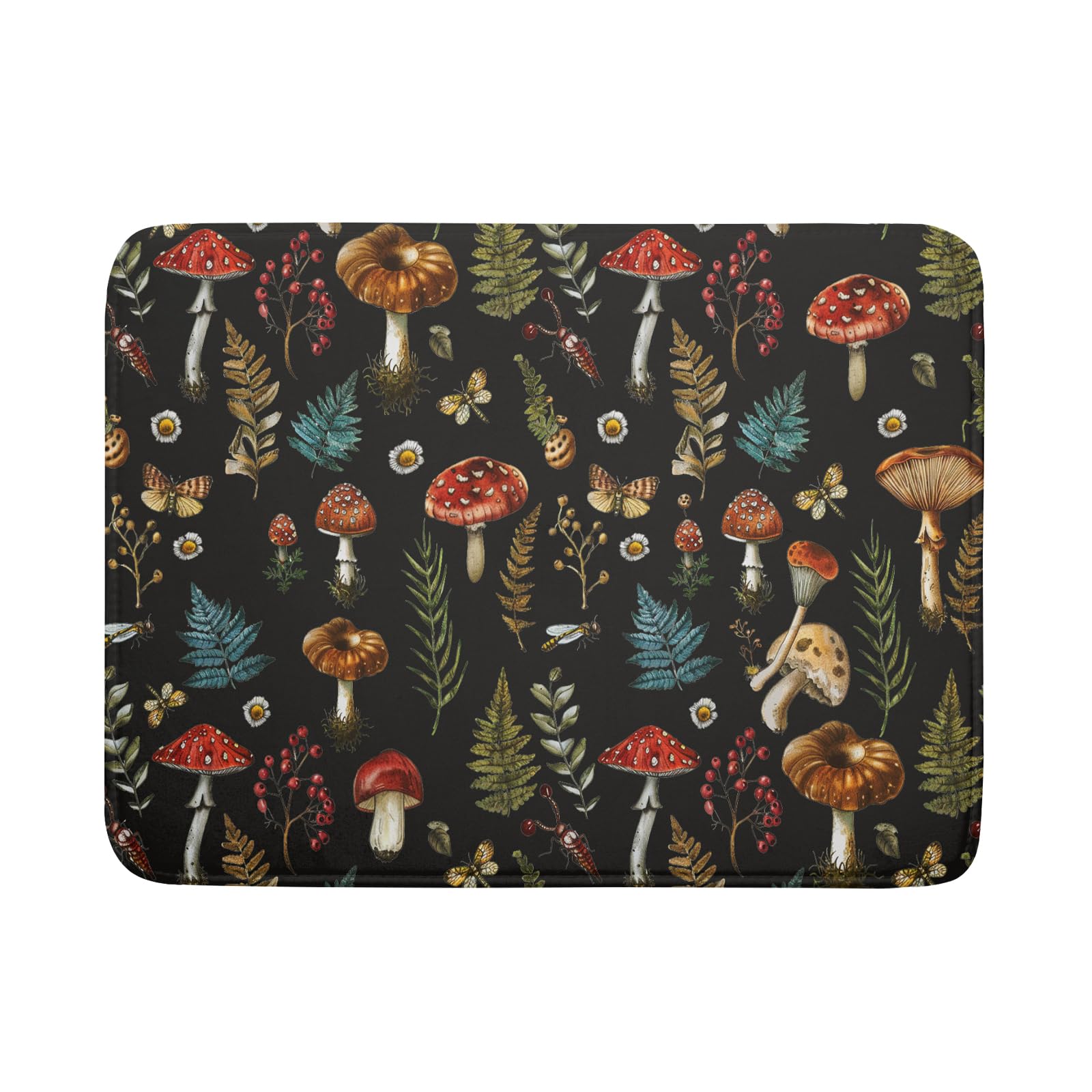 Photo 1 of Natural Botanical Dish Drying Mat Mushroom Fern Leaves Berry Drainer Mat Black Drying Pad for Countertop 18 X 24 Inch