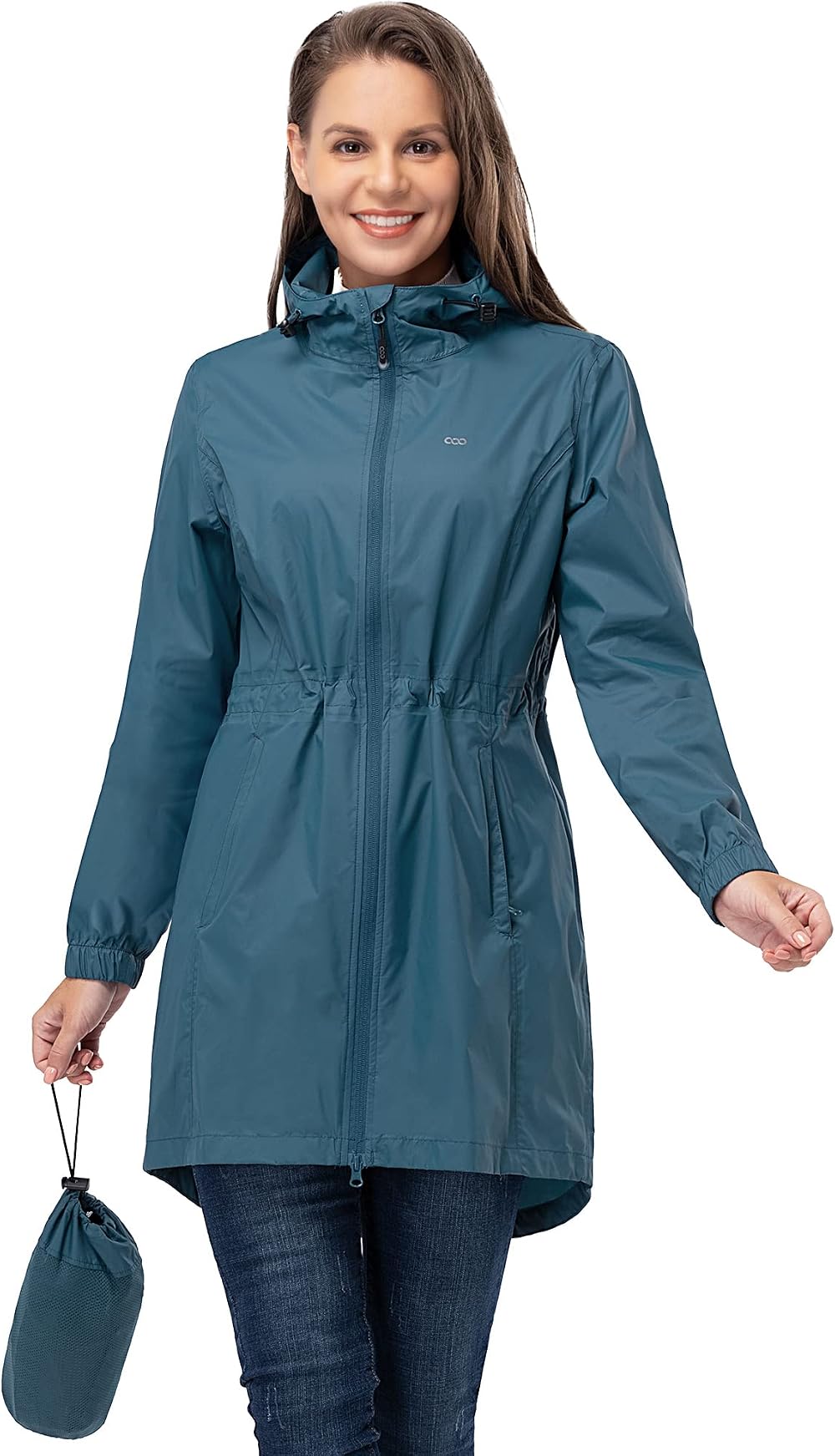 33,000ft Womens Rain Jacket Waterproof Packable Hooded Long Coat Moroccan Blue