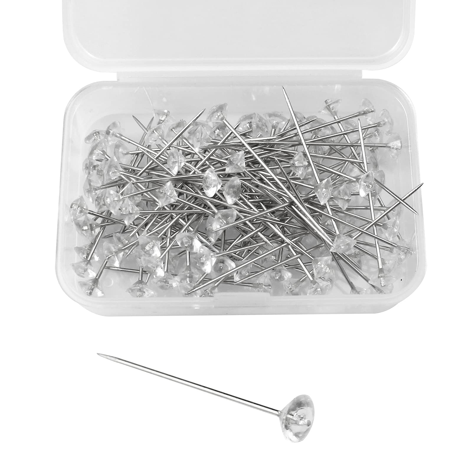 oupados 100 Pcs Head Pins - Clear Dressmaking Pins with Plastic Box for Bouquets, Crafts, Sewing Decorations, Wedding & DIY Dressmaking
