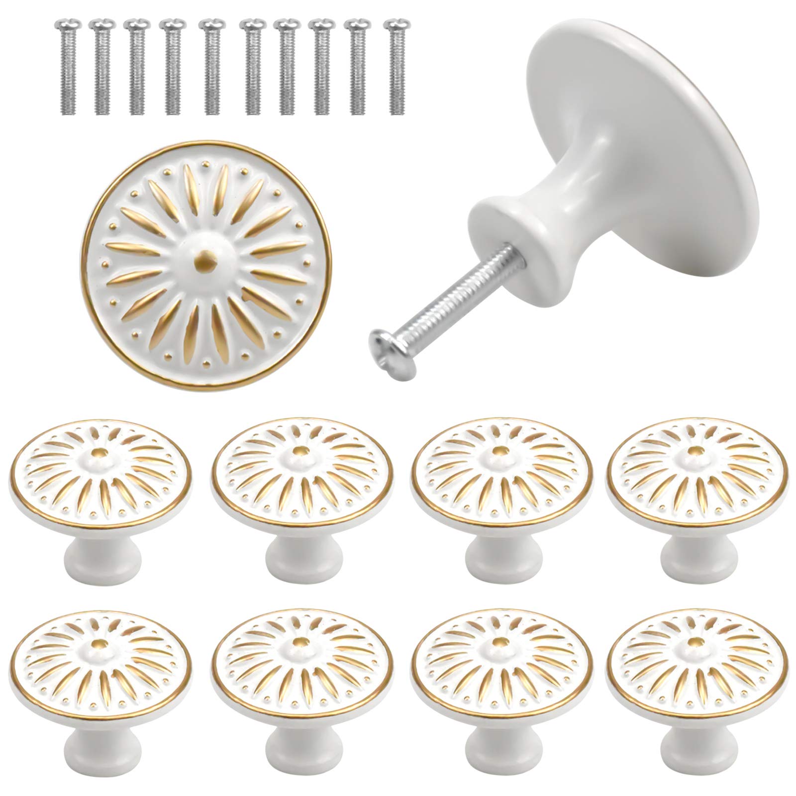 Fangehong 10 Pcs Vintage Round White Cabinet Knobs, 3.5cm, Aluminum Alloy with White Coating, Easy to Install, Durable, Comfortable, Retro Style for Kitchen & Bedroom Cabinet Drawers