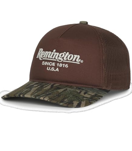 Remington Stone Brown Mesh Trucker Hat with Cream Label Remington Classic Logo Adjustable Hat - WearYourBeer main image 4