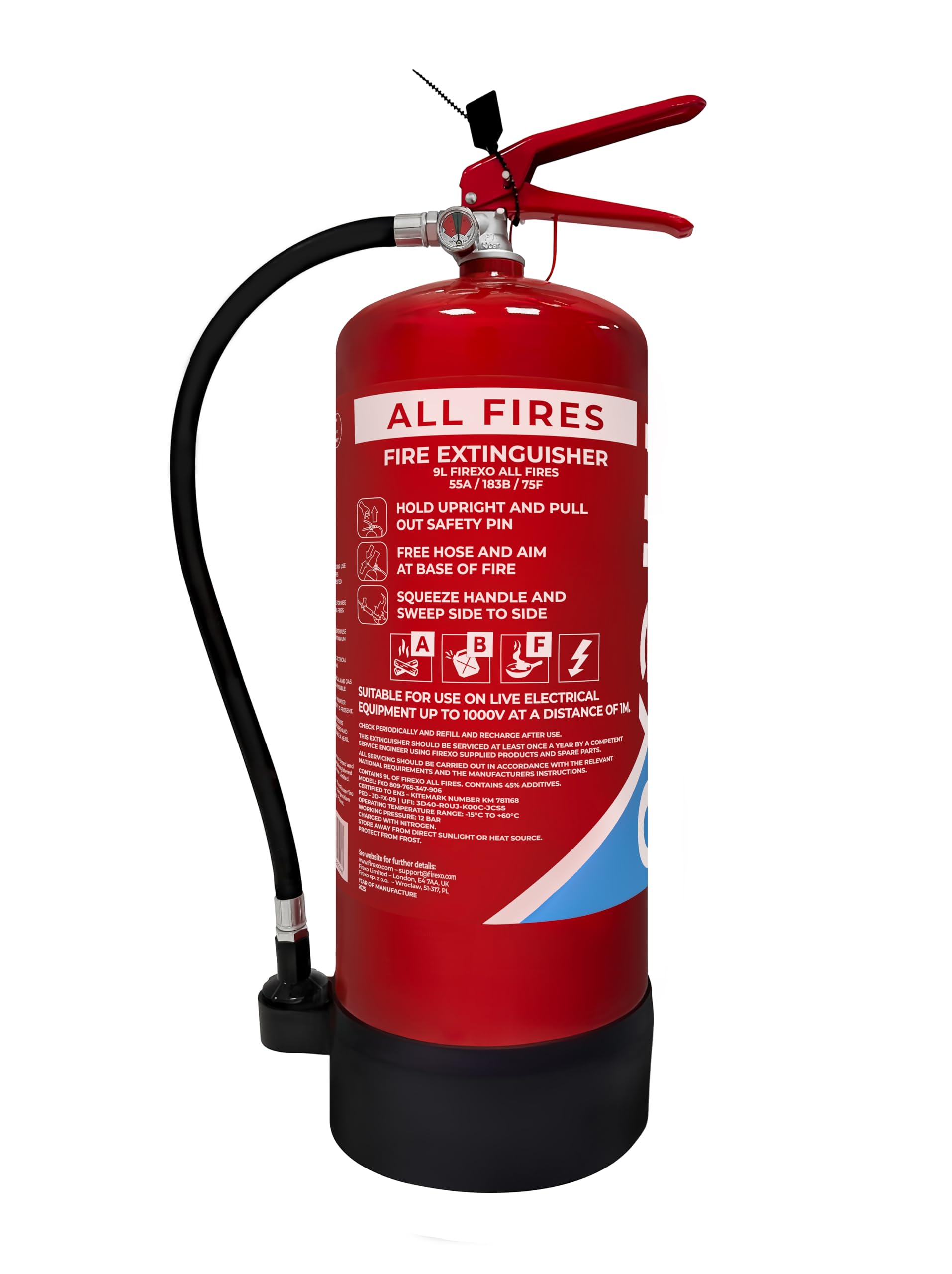 Firexo All in One Fire Extinguisher (9 Litre / 9 kg) - Multipurpose Extinguisher for ALL FIRES inc. Li-ion Battery Fires! - Safety & Emergency Equipment for Home, Kitchen, Fireplace, Grill, Caravan