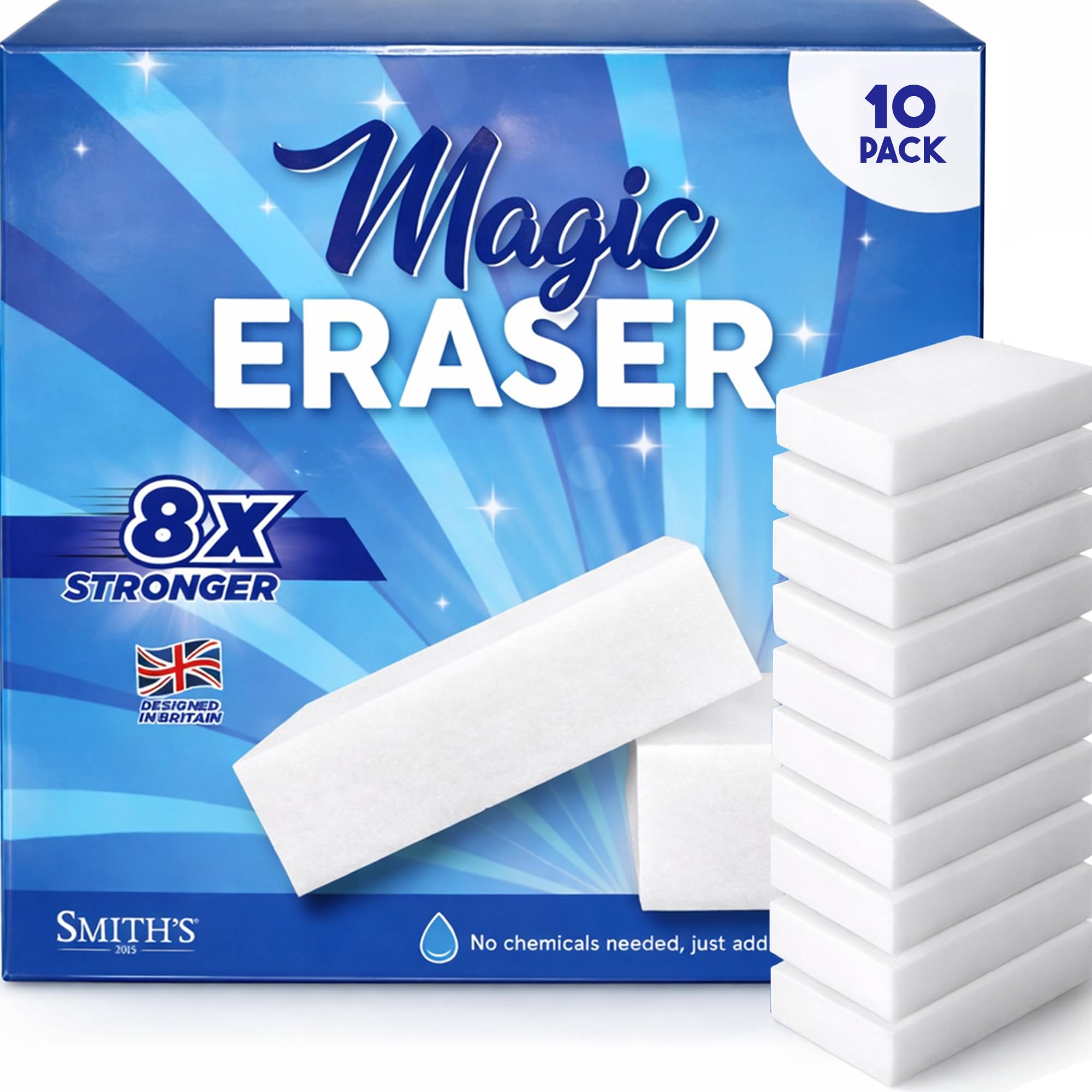 Magic Eraser Sponge for Cleaning by Smith’s | 10 Pack | Trusted by Professional Cleaners | Serving UK Homes for Over 10 Years | 8X Stronger Than Cellulose | Chemical Free