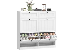 HOMCOM Shoe Cabinet with 2 Large Flip Drawers, Farmhouse Narrow Shoe Storage Cabinet with 2 Top Compartments, Adjustable Shel