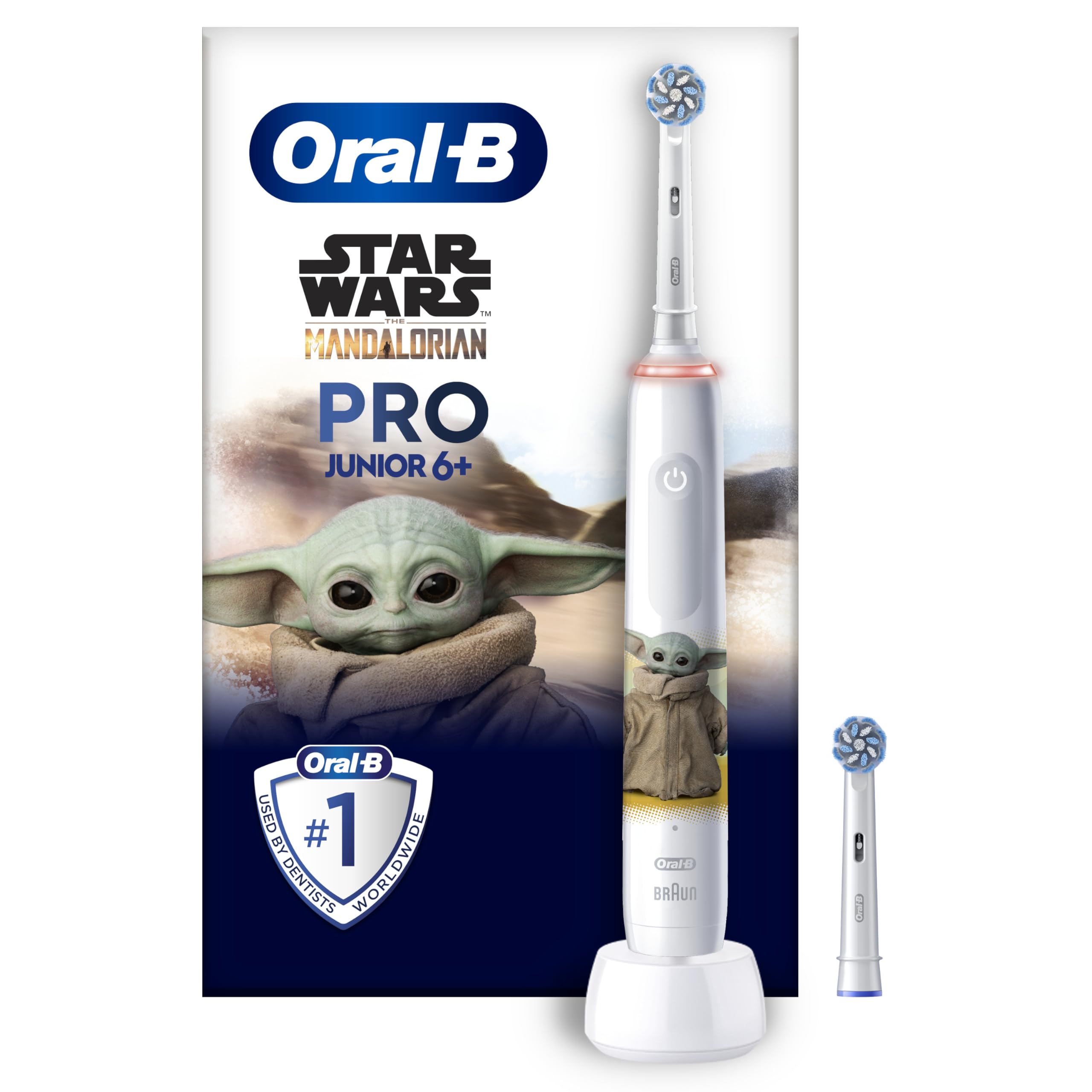 Oral-B Pro Junior Star Wars Elektrische Zahnbürste/Electric Toothbrush für Kinder ab 6 Jahren, 2 Aufsteckbürsten, 360°-Andruckkontrolle, 2 Putzmodi inkl. Sensitiv für Zahnpflege, weiche Borsten, weiß