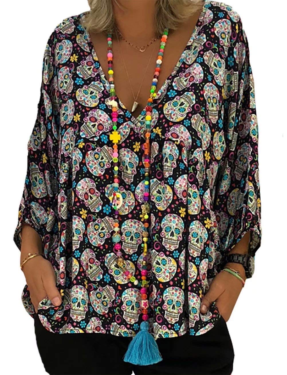 Plus Size Women Skull Print V Neck Blouse 3/4 Sleeve Loose Casual