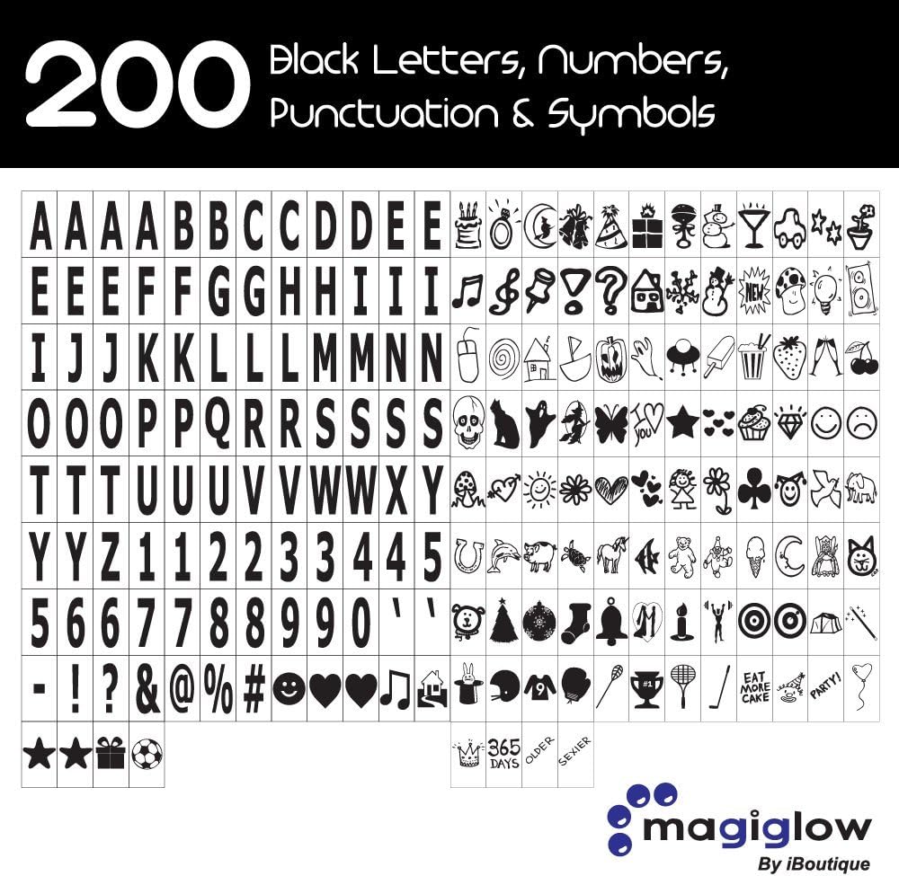 iBoutique by MagiGlow Extra pack of 200 Black Letters, Numbers, Symbols & Emojis for Cinematic Light Boxes