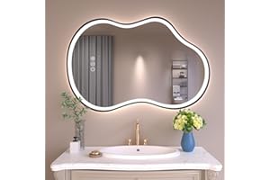 WTTY LED Irregular Bathroom Mirror 24x36 Inch with Front & Back Lights - Asymmetrical Design, Anti-Fog, Dimmable 3 Color Temperatures, Shatterproof Glass, Horizontal or Vertical Mount (Black Frame)