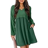 Dokotoo Womens Fall Dresses 2025 Casual V-Neck Long Sleeve Empire Waist Waffle Knit Mini Dress with Pockets