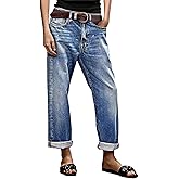 Flamingals Straight Leg Jeans for Women Boyfriend Mid Rise Roll Hem Wash Cropped Denim Pants Without Belt