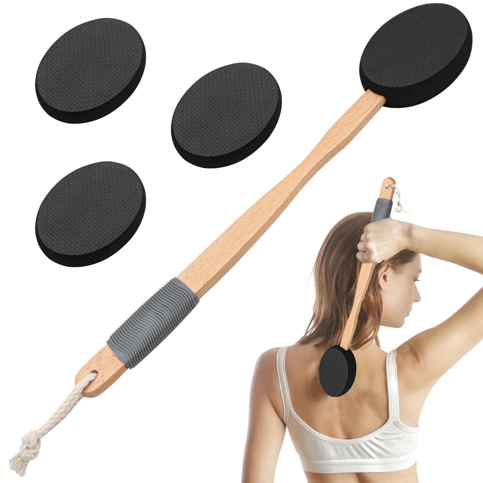 ZOCONE Lotion Applicator for Back 17'' Long Handled Back Cream Applicator with 2 Replacement Pads, Back Applicator for Cream Moisturiser, Long Wooden Handle Back Lotion Applicator for Skincare(Black)
