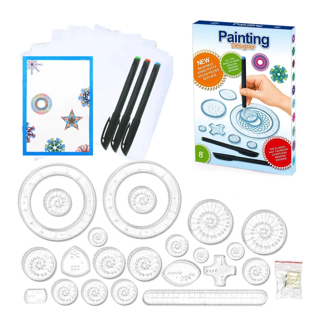 KEUGT Spirograph Deluxe Set,28 Piece Spiral Drawing Ruler,Kids Spiral Drawing Tool,Spiral Art Kit,Multifunctional Geometric Drawing Ruler, Magical Drawing Set,Early Education Gift for Boys and Girls