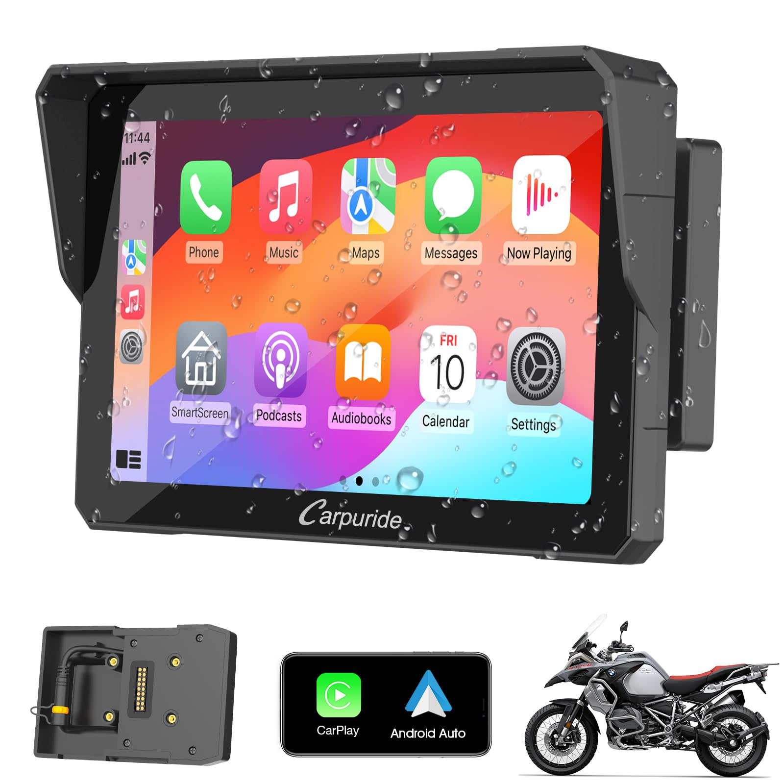 Carpuride W702B Motorcycle GPS Carplay Screen with Custom Mount for BMW Motorbike, Wireless CarPlay and Android Auto, Portable 7 inch Waterproof Touchscreen, Bluetooth Trans, Navigation, Siri.