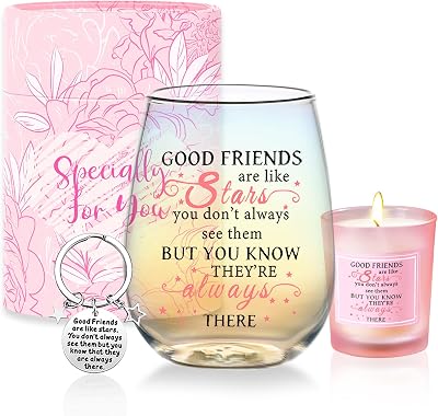 Yalucky Good Friend Iridescent Wine Glass Gift Set with Key Chain Box