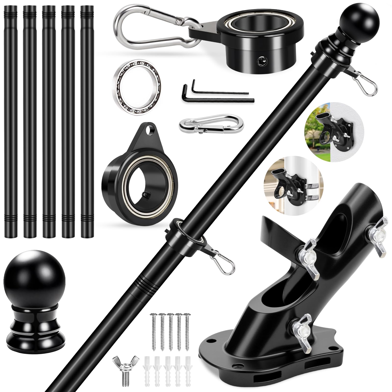 Photo 1 of REERON 6 FT Metal Swivel Rings Flag Poles Kit, 360° Tangle Free Rotating Bearing Rings, 2-Position Holder & 1" Stainless Steel Flagpole for Outside House Porch Wall Mount Residential Commerical