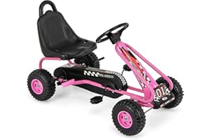 HONEY JOY Pink Go Kart for Kids, 4 Wheel Pedal Powered Go Cart with Steering Wheels & Adjustable Seat, Safety Hand Brake, Non-Slip Tires, Outdoor Off-Road Racer Ride On Pedal Car for Boy Girl (Pink)
