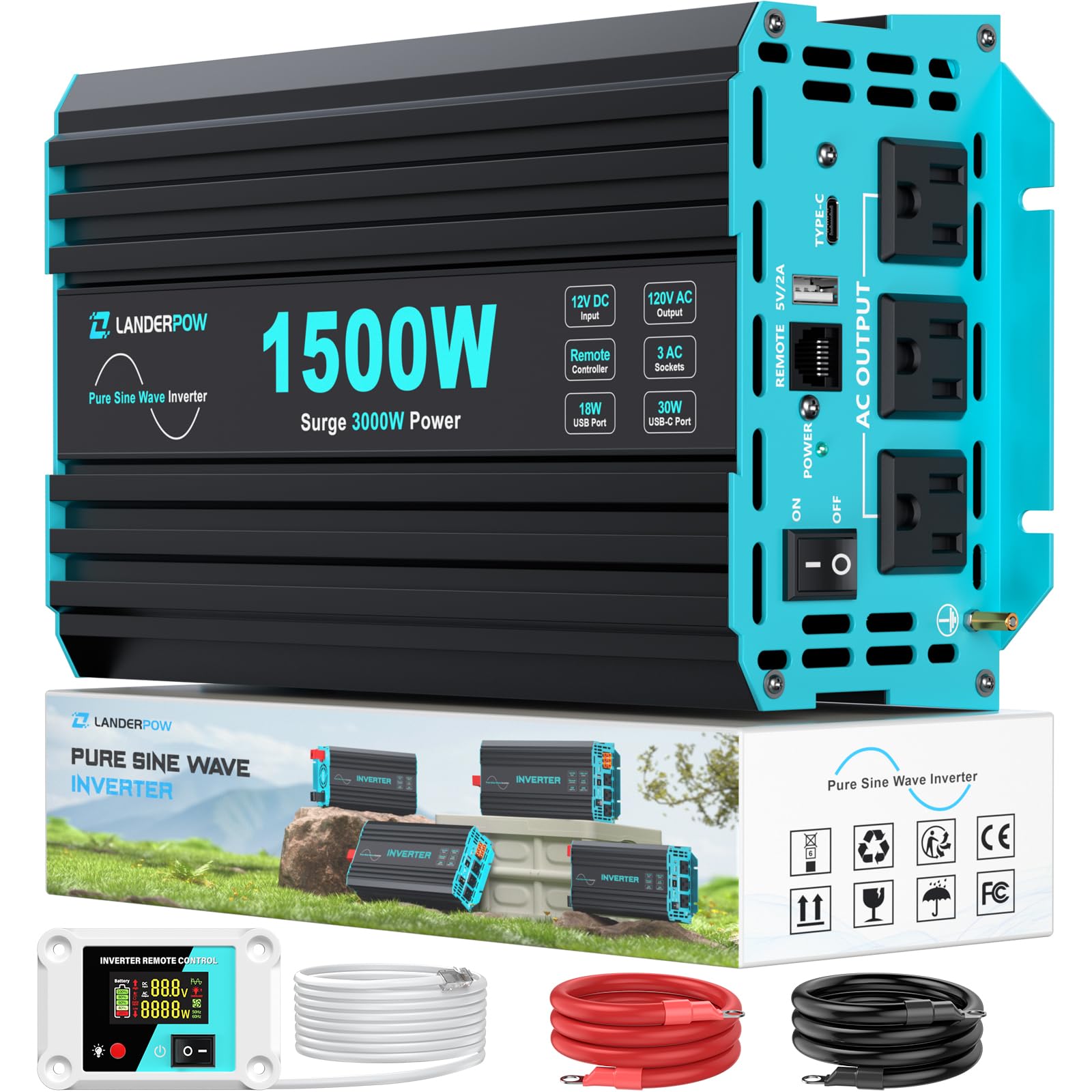 Photo 1 of LANDERPOW 1500 Watt Pure Sine Wave Inverter, 12V DC to 120V AC Inverters for Car, RV, Truck, Home, Camping, Solar Power Inverter with 3 AC Outlet, 30W USB-C, 5V 3.1A USB, Remote Control, Surge 3000W