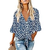 Kancystore Womens Button Down V Neck Tie Knot Front Tops 3/4 Sleeve Chiffon Casual Blouse Shirts