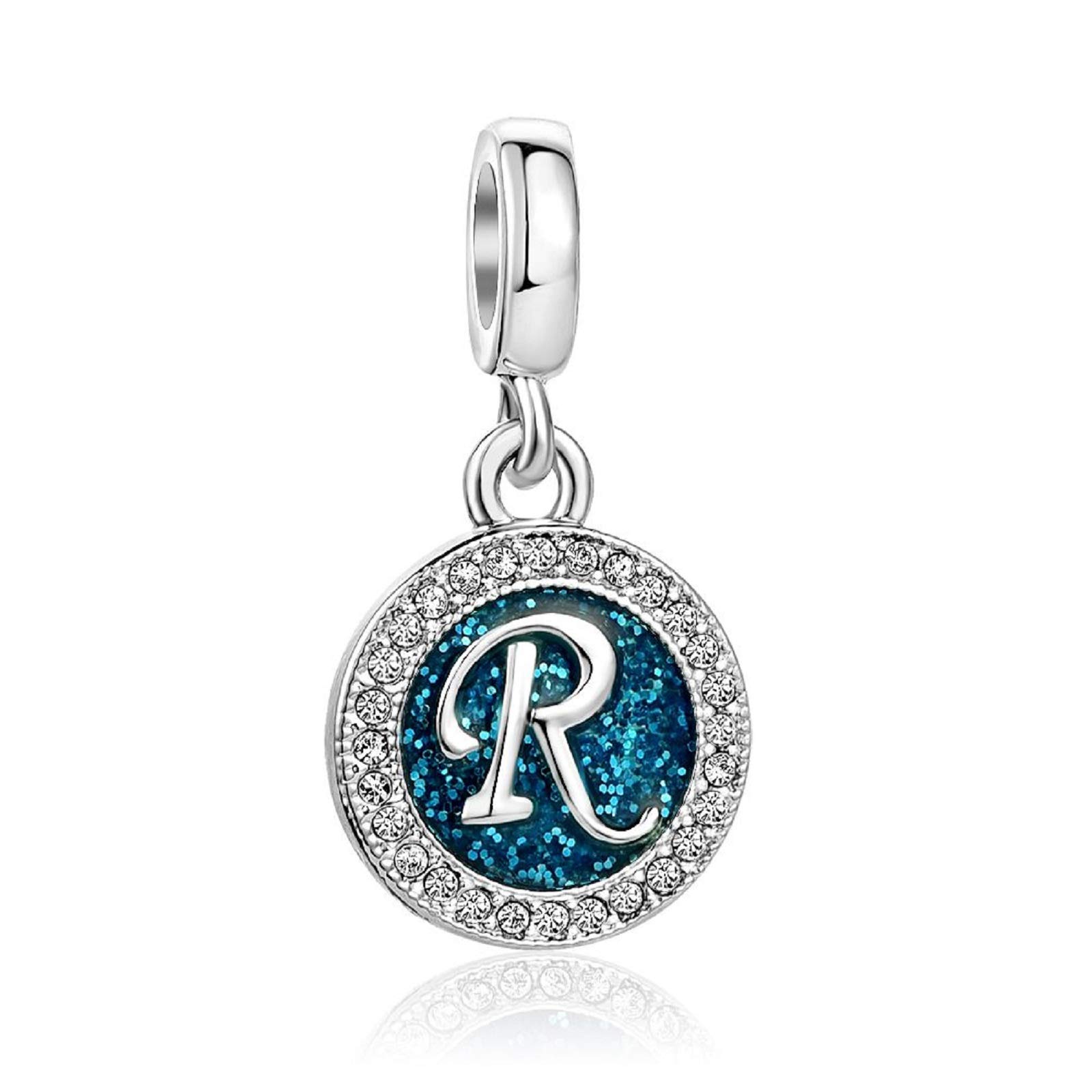KunBead Jewelry Letter R Initial Charms Dangle Alphabet Blue Crystal Beads for Charm Bracelet for Women Girls