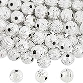 PONABEADIY 1 Box 150PCS Silver Plated Brass Round Textured beads with Holes Ribbon Pattern Metal Spacer Long Lasting Rondelle Connector Loose Bead for Jewelry Making Bracelet Necklace Diy Craft Supply