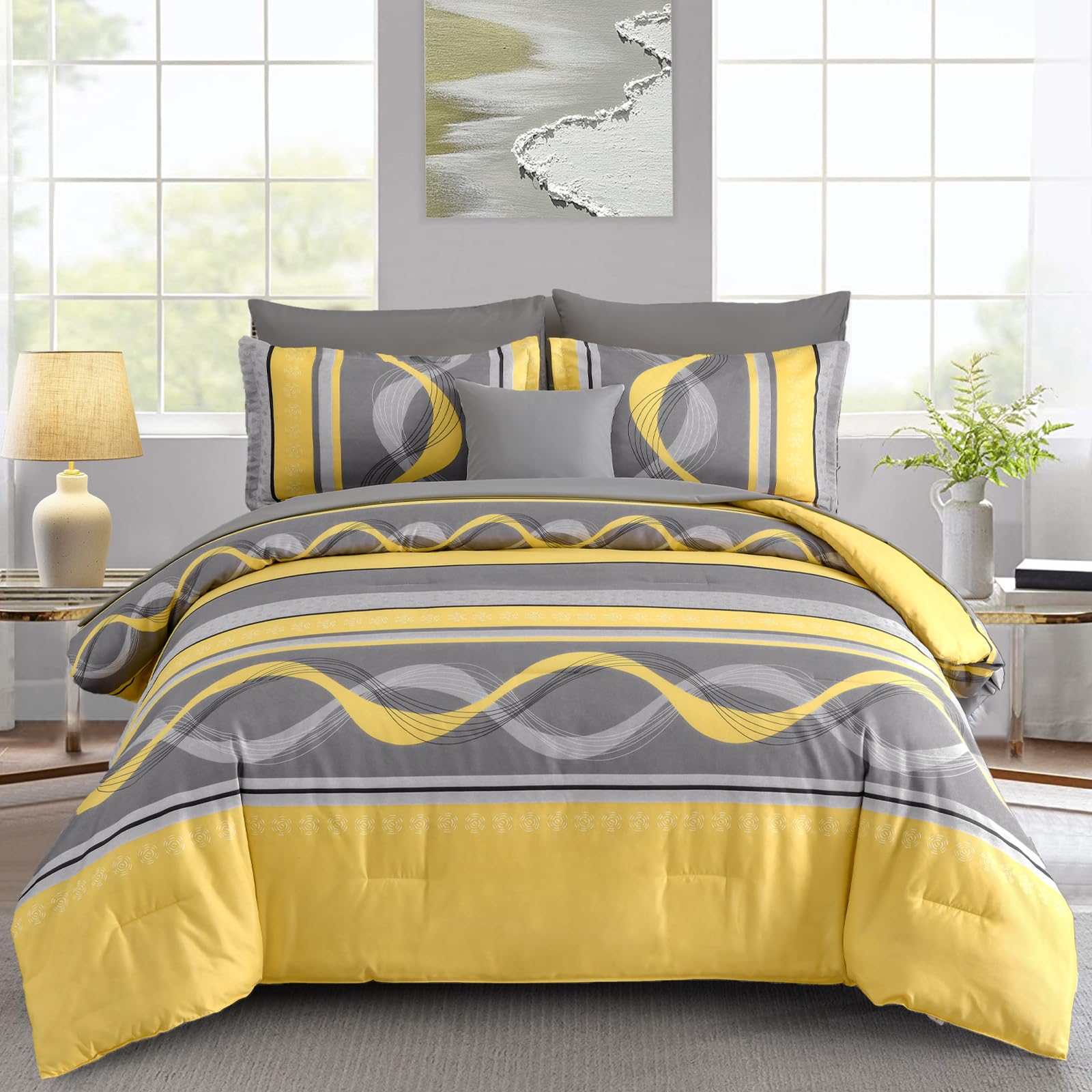 Photo 1 of Yellow Comforter Set King Size,8 Pieces Bed in a Bag Patchwork Striped Bedding Sets,Boho Soft Microfiber Bedding Set for All Season(104"×90")