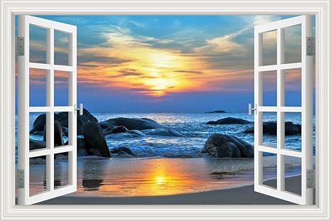 Amazon Com 3d Window Decal Wall Stickers Sunset Seaside Home Decor Mural Art Vinyl Wallpaper 24 X36 Baby